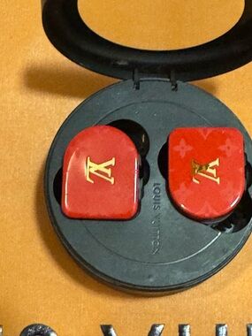 Louis Vuitton Red Earbuds with Gold LV Emblems
